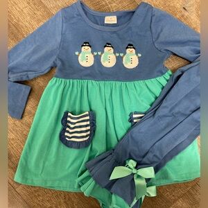 Blue and Green Snowman Dress with Leggings
